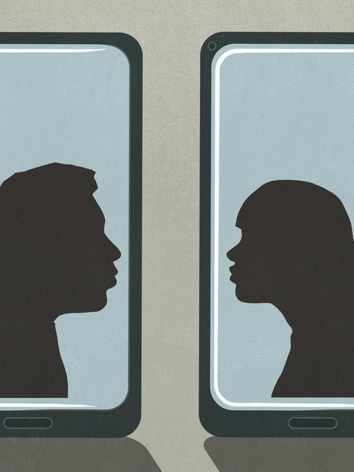 Die Silhouetten eines Mannes und einer Frau auf zwei separaten Handybildschirmen beim Küssen.