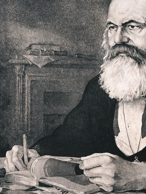 Der deutsche Philosoph, Schriftsteller und Politiker Karl Marx in einer Aquatinta-Radierung von Werner Ruhner "Karl Marx in seinem Arbeitszimmer in London".