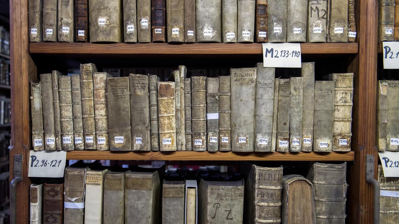 Uralte Bücher füllen die Regale der Marienbibliothek in Halle/Saale (Sachsen-Anhalt), aufgenommen am 06.10.2016. Die 1552 gegründete Marienbibliothek ist eine historisch-wissenschaftliche evangelische Kirchenbibliothek. Sie ist die älteste und mit 36.000 Bänden größte ununterbrochen öffentlich zugängliche Bibliothek ihrer Art in Deutschland. Neben theologischen Schriften stehen in den Magazinen se