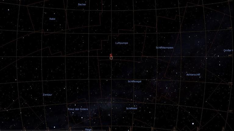 Der Stern U Antliae bleibt am südlichen Rand dieser Figur für Beobachter auf 50 Grad nördlicher Breite knapp unterhalb des Horizontes verborgen