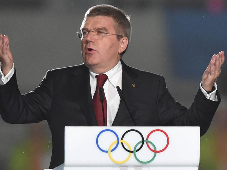 Thomas Bach während einer Rede zum Abschluss der Olympischen Jugend-Sommerspiele in Nanjing.