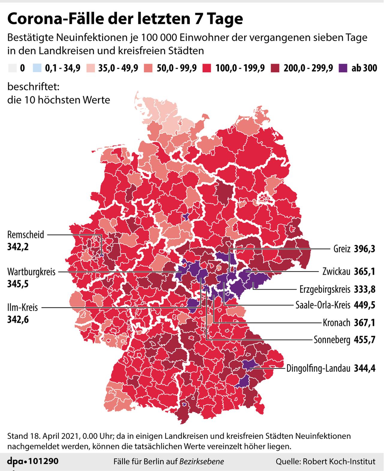 Grafik-Karte Nr. 101290, Hochformat 110 x 135 mm, Corona-Fälle der letzten 7 Tage (nur in Farbe, Taktung: täglich außer samstags)