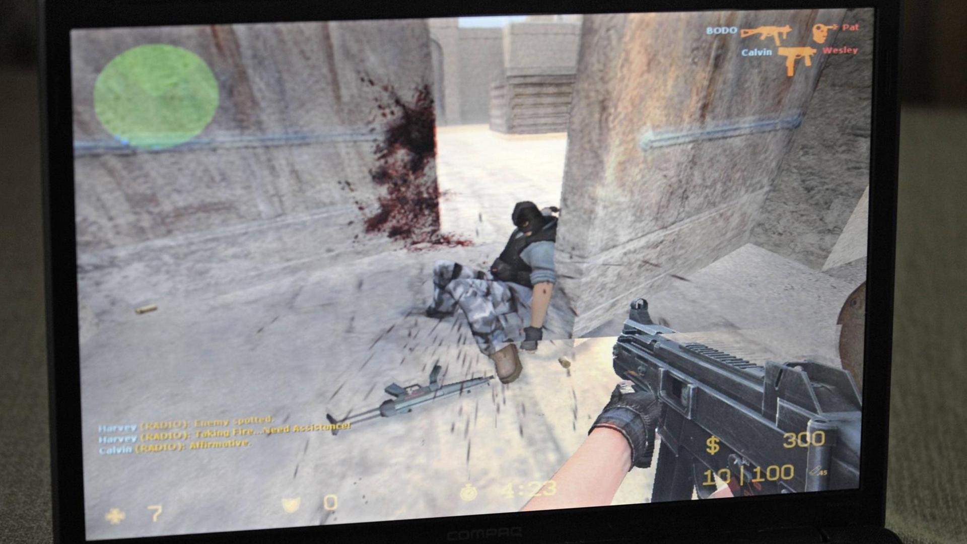 Ein Jugendlicher spielt am Laptop Counterstrike, auf dem Bildschirm ist ein getöteter Feind zu sehen.