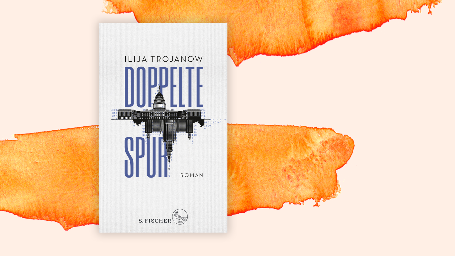 Cover von Ilja Trojanow "Doppelte Spur" vor einem Aquarellhintergrund