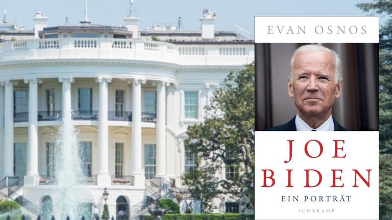 Das Buchcover " Joe Biden. Ein Porträt". Im Hintergrund das Weiße Haus.