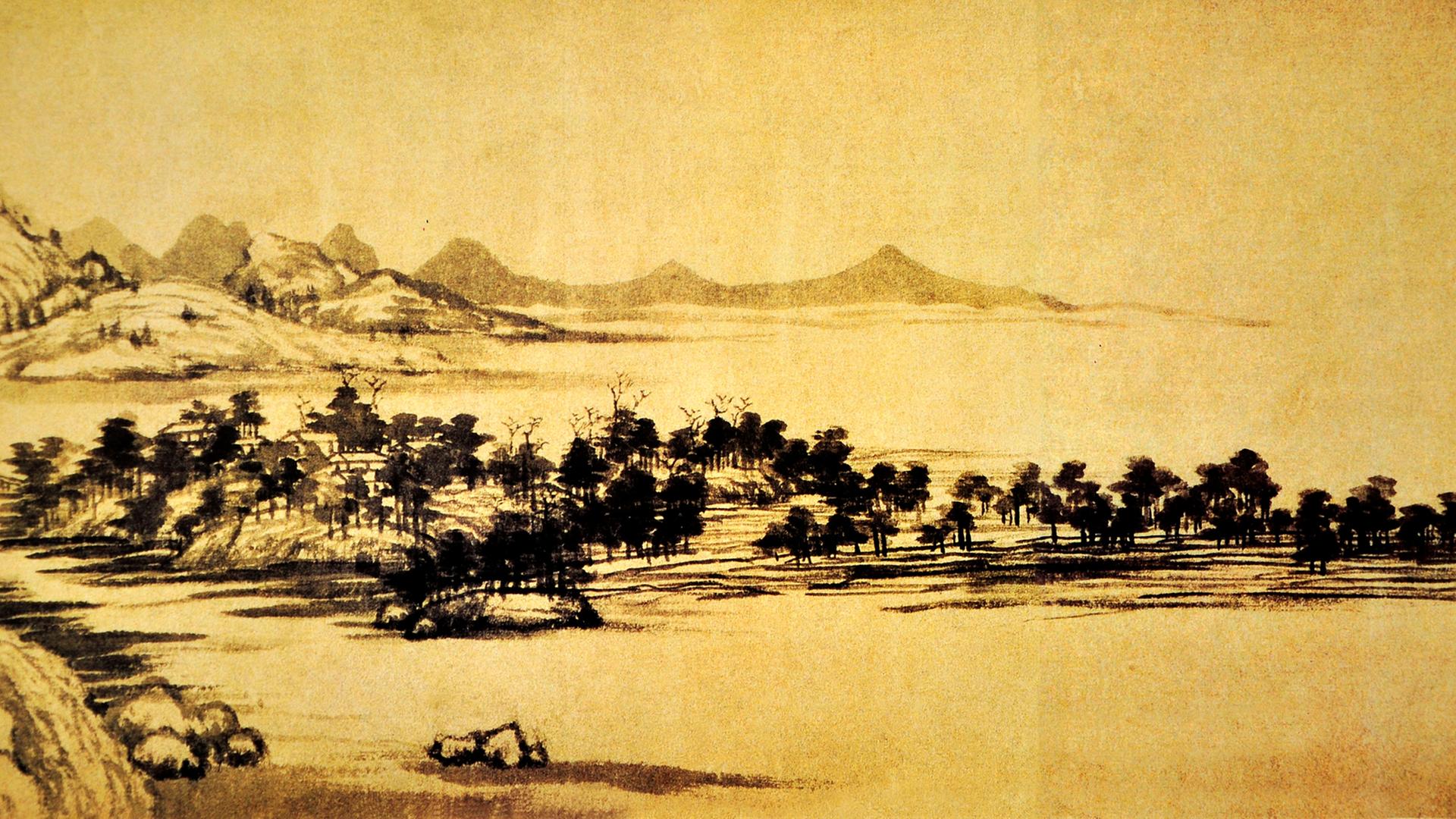 Gemälde einer Siedlung in den Fuchun Bergen des chinesischen Künstlers aus der Yuan Dynastie, Huang Gongwang