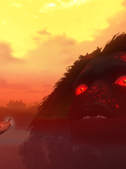 Ein Screenshot aus dem Videospiel "Sea of Solitude" zeigt einen Dämon und eine kleine Person in einem Holzboot vor dramatischem Himmel.
