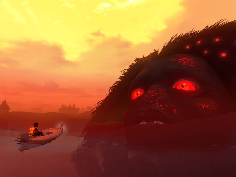 Ein Screenshot aus dem Videospiel "Sea of Solitude" zeigt einen Dämon und eine kleine Person in einem Holzboot vor dramatischem Himmel.