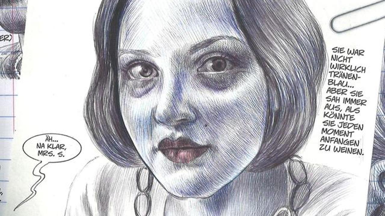 Das gezeichnete Bild einer Frau mit bläulich anmutender Haut.