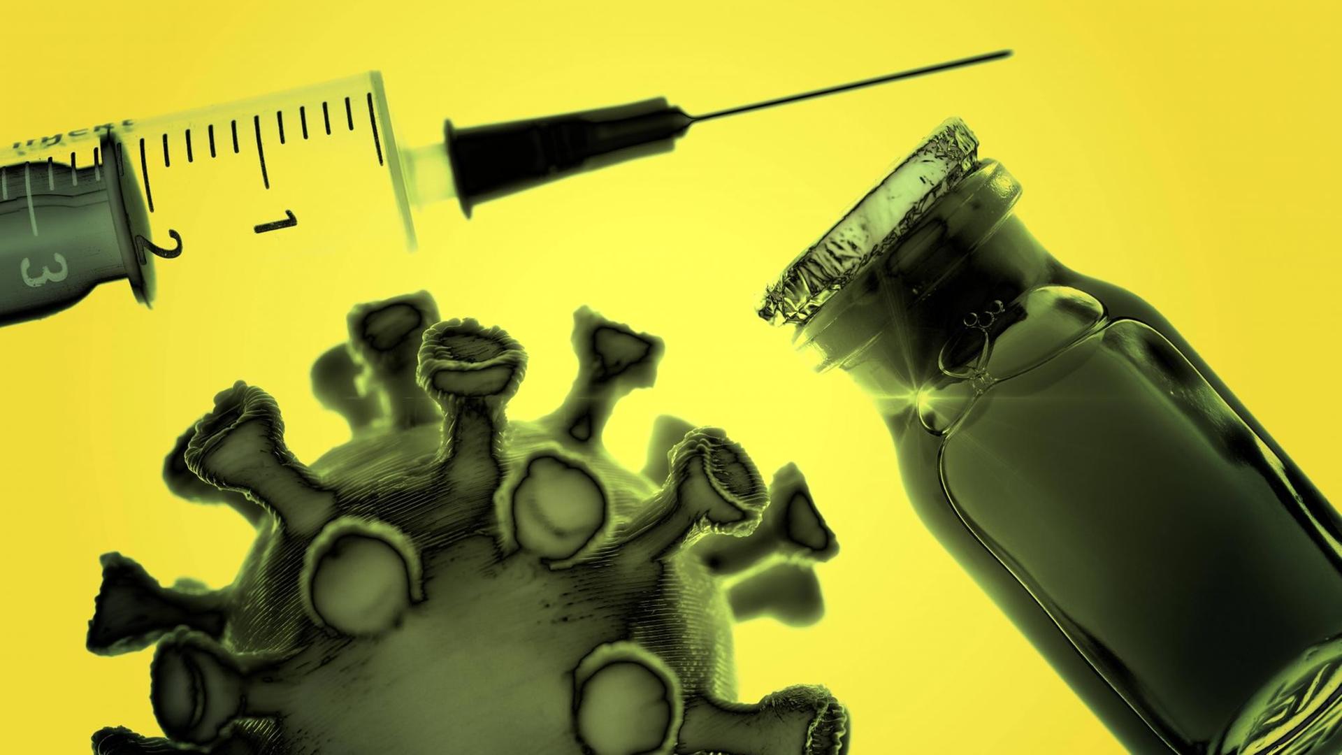 Spritze, ein Fläschchen mit Impfstoff und ein Coronavirus-Modell sind vor gelbem Hintergrund zu sehen.
