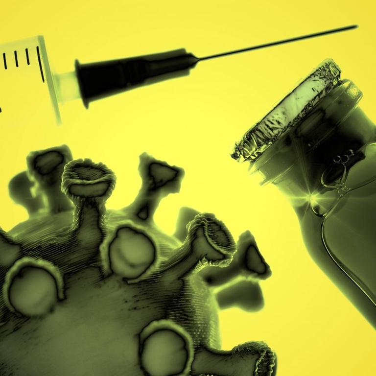 Spritze, ein Fläschchen mit Impfstoff und ein Coronavirus-Modell sind vor gelbem Hintergrund zu sehen. 