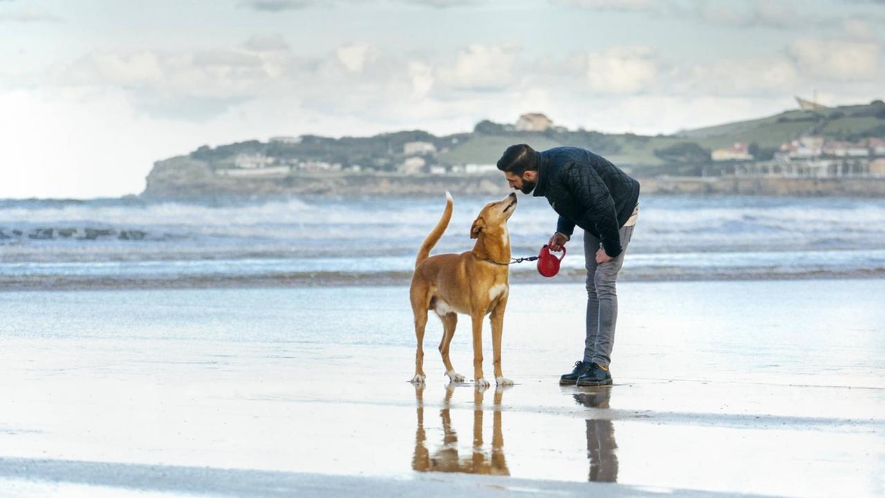 Ein Mann mit einem Hund am Strand.