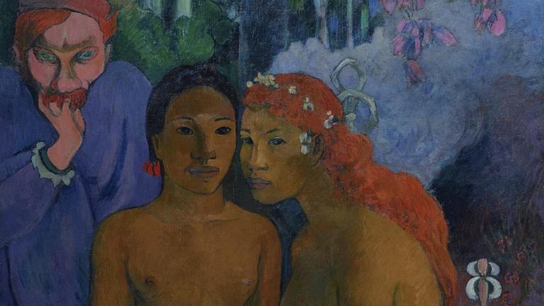 Gemälde portraitiert drei Personen: ein polynesisches nacktes Mädchen, eine weitere barbusige junge Frau und links Gauguins verstorbenen Malerfreund Meiyer de Haan. Er ist der Europäer mit teuflischen Krallen, wirkt aber in der knienden Pose fast schuldbewusst.