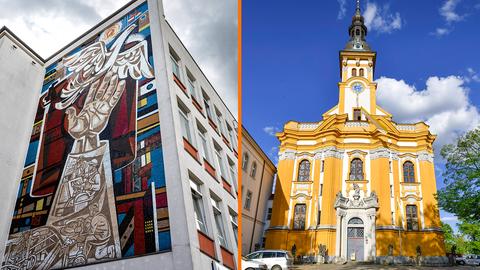 Collage aus zwei Bildern: Ein Wandbild von Walter Womacka auf der Giebelseite des heutigen Linden Zentrums Eisenhüttenstadts und die Klosterkirche Stift Neuzelle.