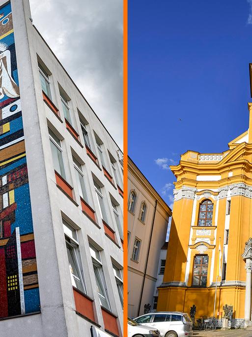 Collage aus zwei Bildern: Ein Wandbild von Walter Womacka auf der Giebelseite des heutigen Linden Zentrums Eisenhüttenstadts und die Klosterkirche Stift Neuzelle.