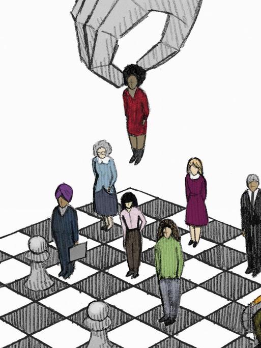 Illustration: Eine Hand bewegt Menschen mit unterschiedlichen Hautfarben auf einem Schachbrett.
