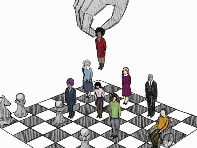 Illustration: Eine Hand bewegt Menschen mit unterschiedlichen Hautfarben auf einem Schachbrett.