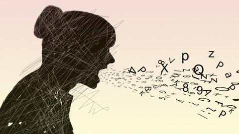 Illustration: Eine Frau schreit verstümmelte Zahlen und Buchstaben.