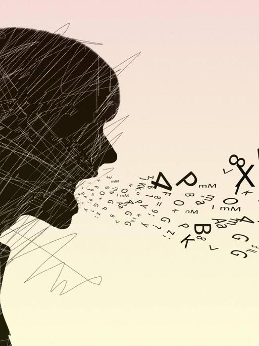 Illustration: Eine Frau schreit verstümmelte Zahlen und Buchstaben.