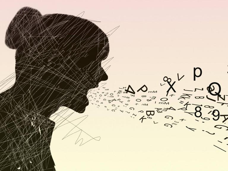 Illustration: Eine Frau schreit verstümmelte Zahlen und Buchstaben.