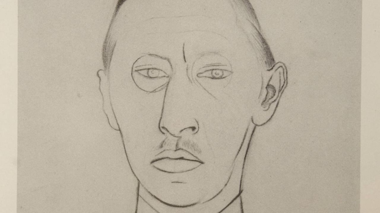 Porträt-Bleistiftzeichnung, die einen jüngeren Mann mit Brillengläsern, markanten Lippen und Oberlippenbart zeigt.