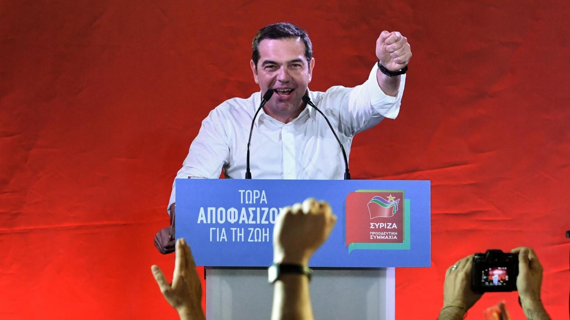 Der griechische Ministerpräsident Alexis Tsipras (Syriza) bei einer Wahlkampfveranstaltung im Stadtteil Thisio in Athen, aufgenomme am 18. Juni 2019