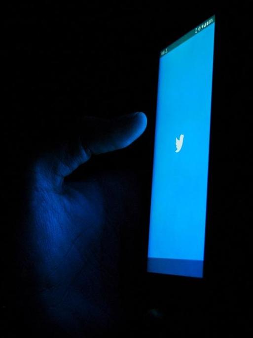 Eine Hand hält ein Smartphone mit blauem Twitterlogo auf dem Display in der Dunkelheit.