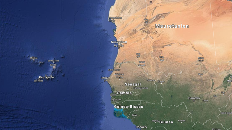 Das Foto zeigt die westafrikanische Küste mit den Ländern Mauretanien, Senegal und Gambia sowie den Kapverdischen Inseln.