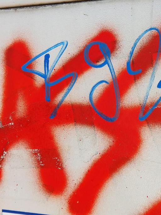 Das Wort "Hass" steht gesprüht in roter Farbe auf einem Stromkasten
