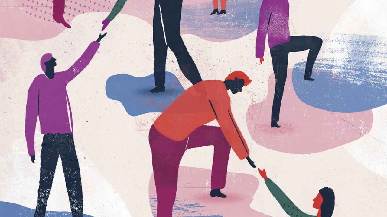Illustration von Menschen die sich gegenseitig eine helfende Hand anbieten.