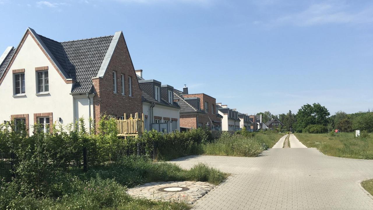 Eine Straße mit Einfamilienhäusern im Bezirk Marzahn-Hellersdorf in Berlin.
