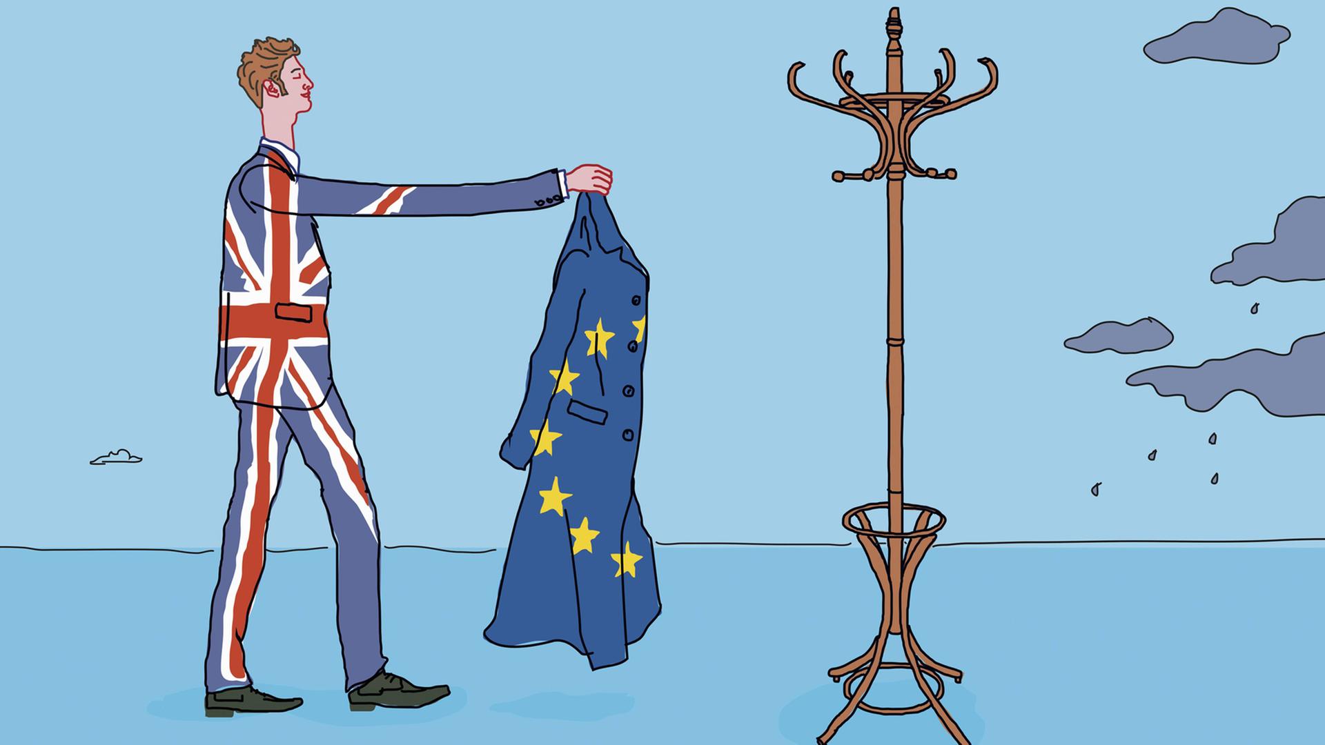 Zeichnung eines Mannes im Union Jack-Anzug, der einen EU-Mantel an den Kleiderständer hängt