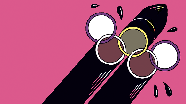 Die Illustration zeigt eine Kombination aus den Olympischen Ringen und einer Rakete.