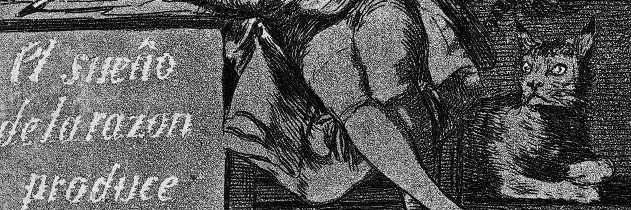 Der Ausschnitt aus Goyas Radierung zeigt den hinter dem Mann liegenden Luchs, der ihn aufmerksam beäugt