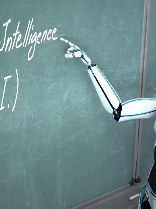 Ein humanoider Roboter steht vor einer Schultafel. Er zeigt mit dem Finger auf den Schriftzug "Artificial Intelligence (AI)".