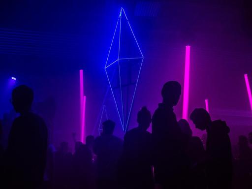 Silhouetten von tanzenden Menschen in einem Club, vor pinkten und blauen Neonröhren. Silhouetten von tanzenden Menschen in einem Club, vor pinkten und blauen Neonröhren.