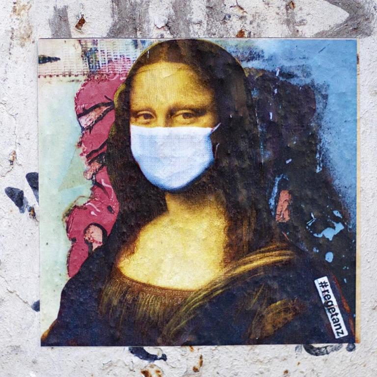 Sticker Kölner Künstlerin Ursula Düster zeigt eine Mona Lisa mit Mundschutz