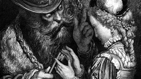 Illustration des bösen Ritters, der einer zarten Frau einen Schlüssel übergibt, von Gustave Dore.