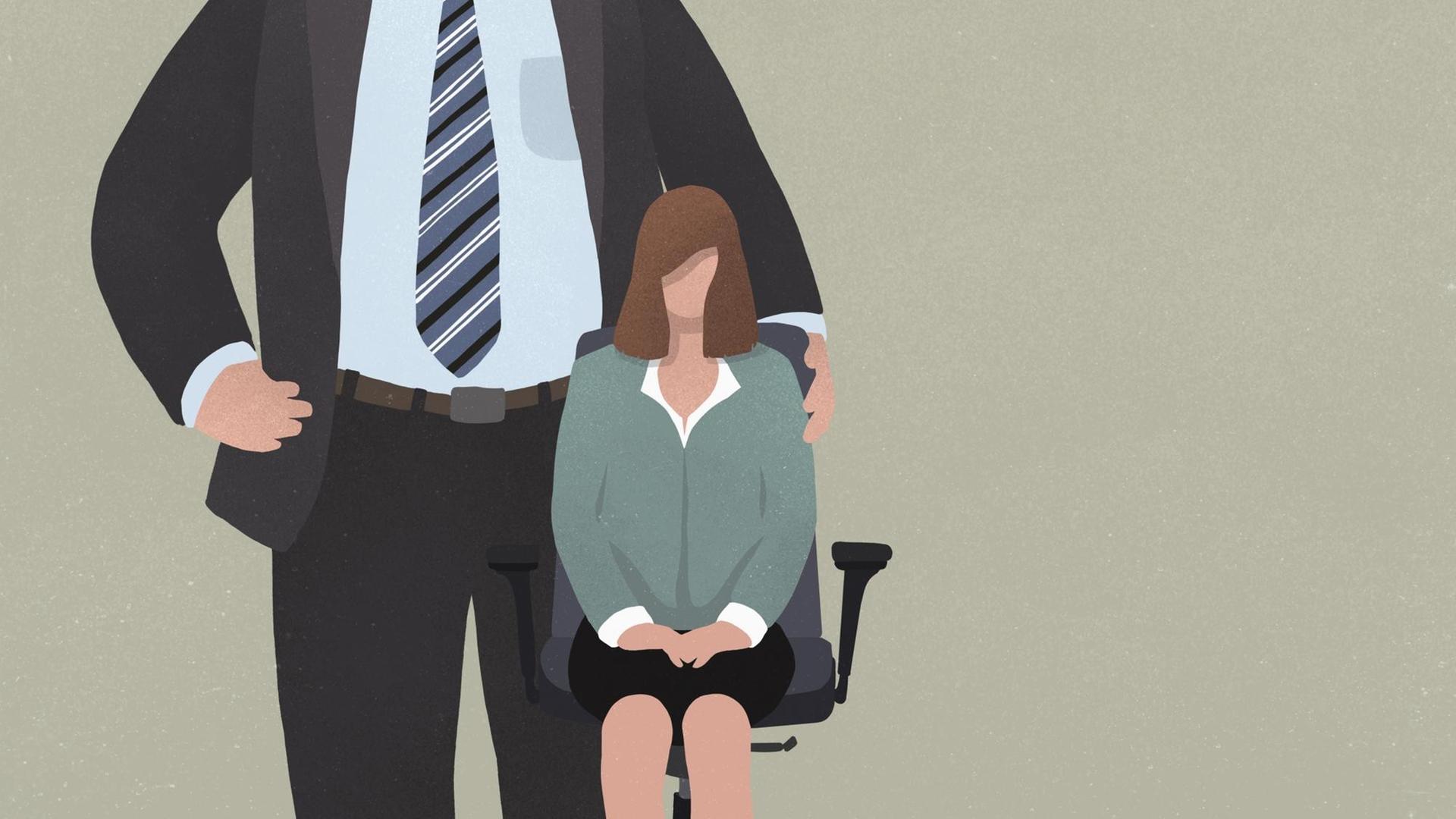 Illustration einer Frau, sitzend auf einem Bürostuhl. Hinter ihr ein überlebensgrosser Mann im Anzug.