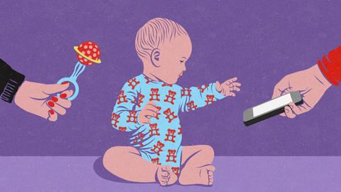Baby wählt Smartphone statt Spielzeug-Rassel