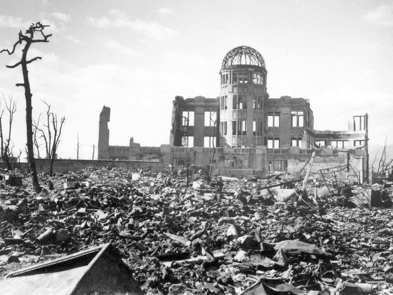 A handout photograph of Hiroshima A-bomb Dome photographed by U.S. military following atomic bomb drop on Hiroshima that killed over 140,000 people on 06 August 1945. The building, originally Hiroshima Prefectural Industrial Promotion Hall, was just160 meters northwest of the hypocenter. The skeletal structure of the dome standing above the cities ruins was a conspicuous landmark and has now became known officially as the A-bomb Dome. 06 August 2005 marks the 60th anniversary of the Hiroshima A-bomb blast. Image courtesy of Hiroshima Peace Memorial Museum. Image courtesy of Hiroshima Peace Memorial Museum.