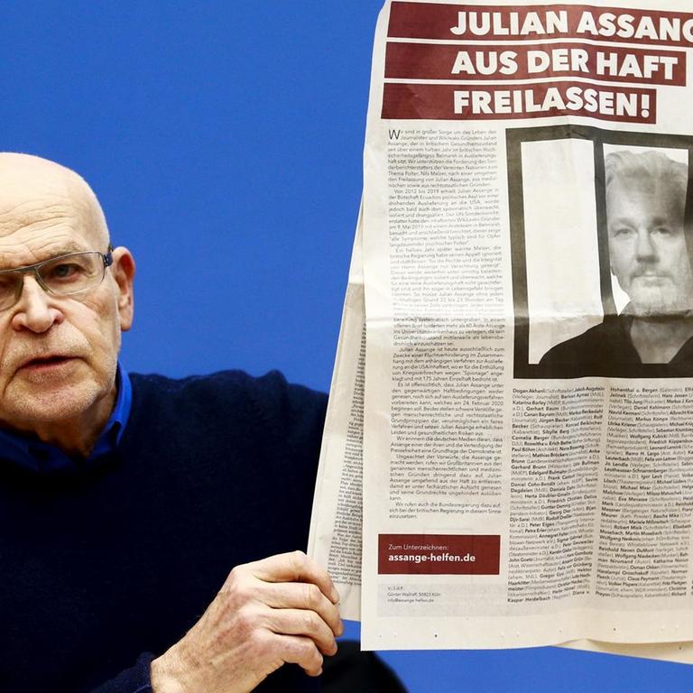 Günter Wallraff im Februar 2020 bei der Vorstellung seiner Unterschriftenaktion für die Freilassung von Julian Assange. Nach einer etwaigen Abschiebung in die USA würden Assange bis zu 175 Jahre Gefängnis drohen.