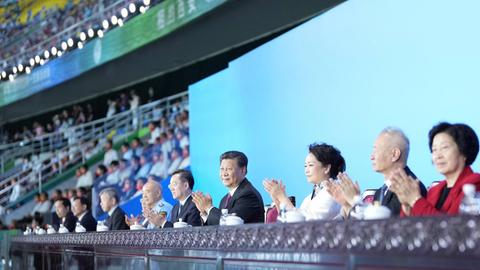 210915 -- XI AN, Sept. 15, 2021 -- Chinese President Xi Jinping, also general secretary of the Communist Party of China Central Committee and chairman of the Central Military Commission, attends the opening ceremony of China s 14th National Games in Xi an, capital city of northwest China s Shaanxi Province, Sept. 15, 2021. Xi declared the 14th National Games open in Xi an on Wednesday evening. CHINA-XI AN-XI JINPING-14TH NATIONAL GAMES-OPENING CN LixXueren PUBLICATIONxNOTxINxCHN
