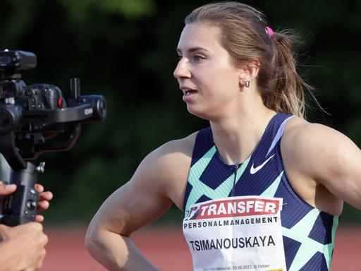 Die belarussische Sprinterin Kristina Timanowskaja bei einem Wettkampf.