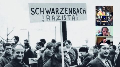 Italienische Gastarbeiter mit einem Schild mit der Aufschrift: "Schwarzenbach – Razistai".