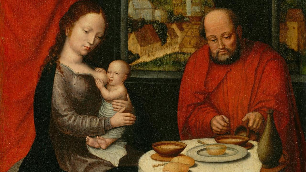 Ein Gemälde eines unbekannten niederländischen Malers aus dem 16. Jahrhundert zeigt die Heilige Familie beim Abendbrot