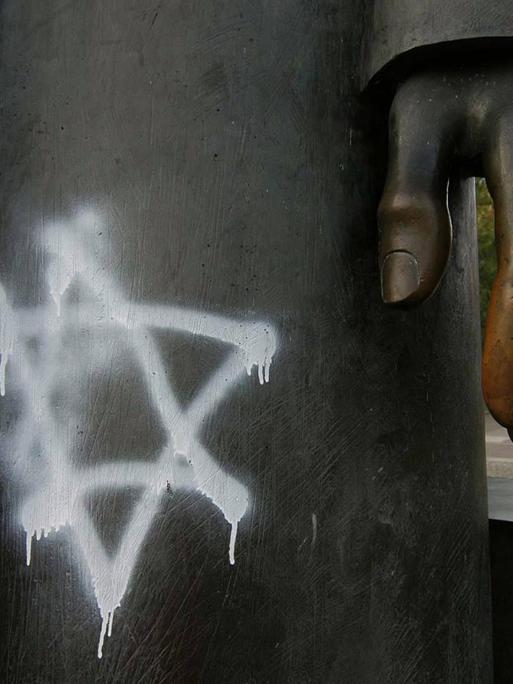 Antisemitische Schmierereien auf Plastiken von Marx und Engels am Alexanderplatz in Berlin.