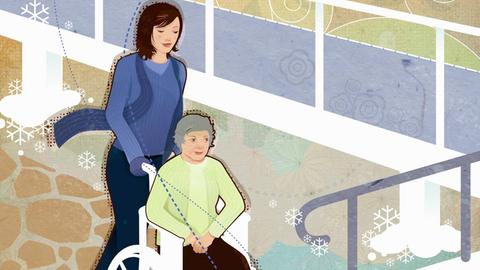 Die Illustration zeigt eine Frau, die eine ältere Frau im Rollstuhl schiebt.