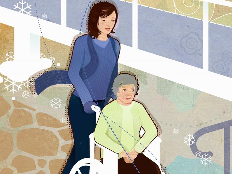 Die Illustration zeigt eine Frau, die eine ältere Frau im Rollstuhl schiebt.