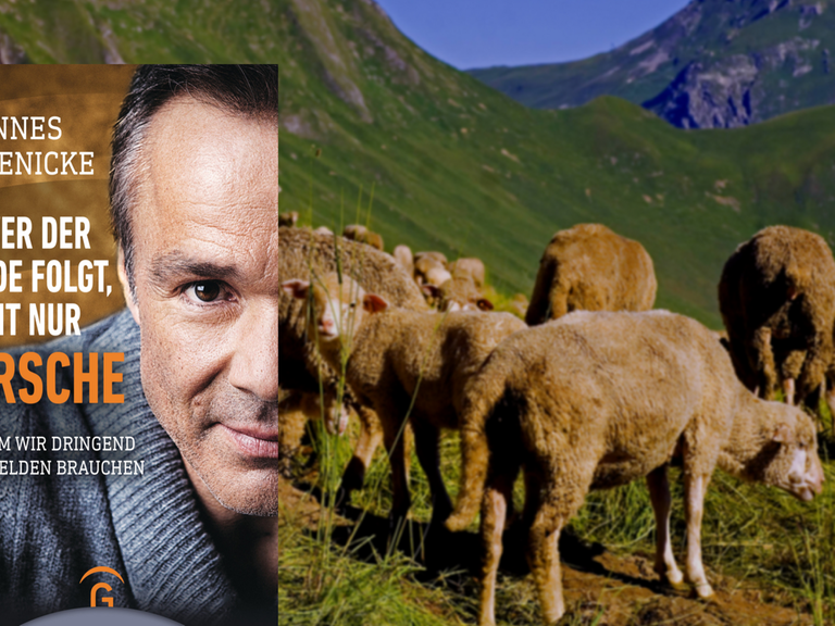Cover von Hannes Jaenicke "Wer der Herde folgt, sieht nur Ärsche", im Hintergrund eine Schafherde in den Bergen, Collage